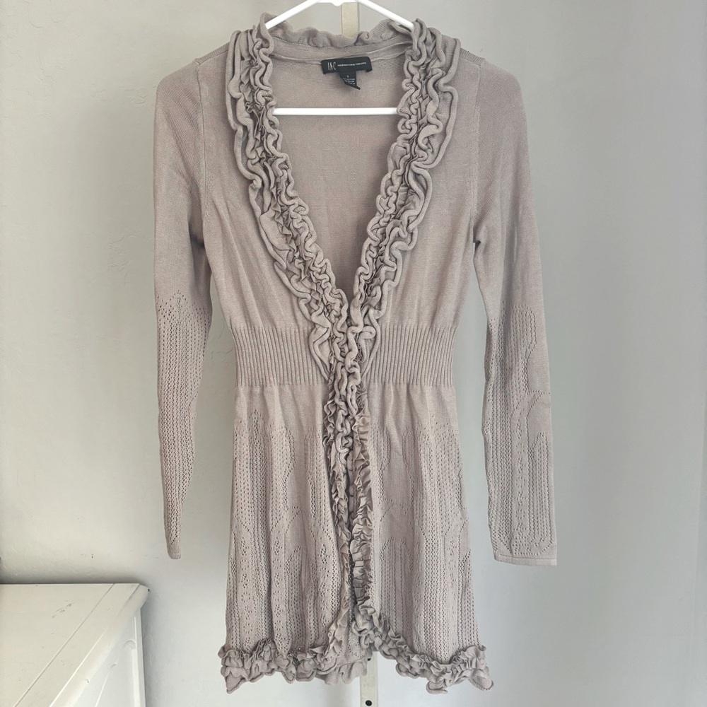 INC International Concepts Light Tan Ruffle Pointelle Knit Sweater